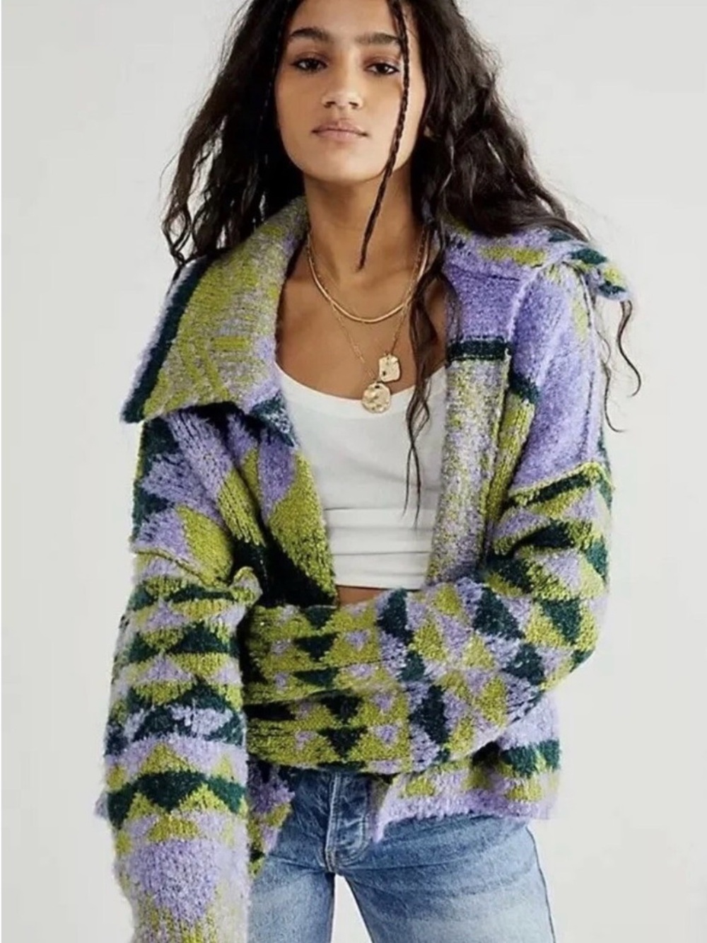Free People Chunky Knit Cardigan in Purple and Green XS